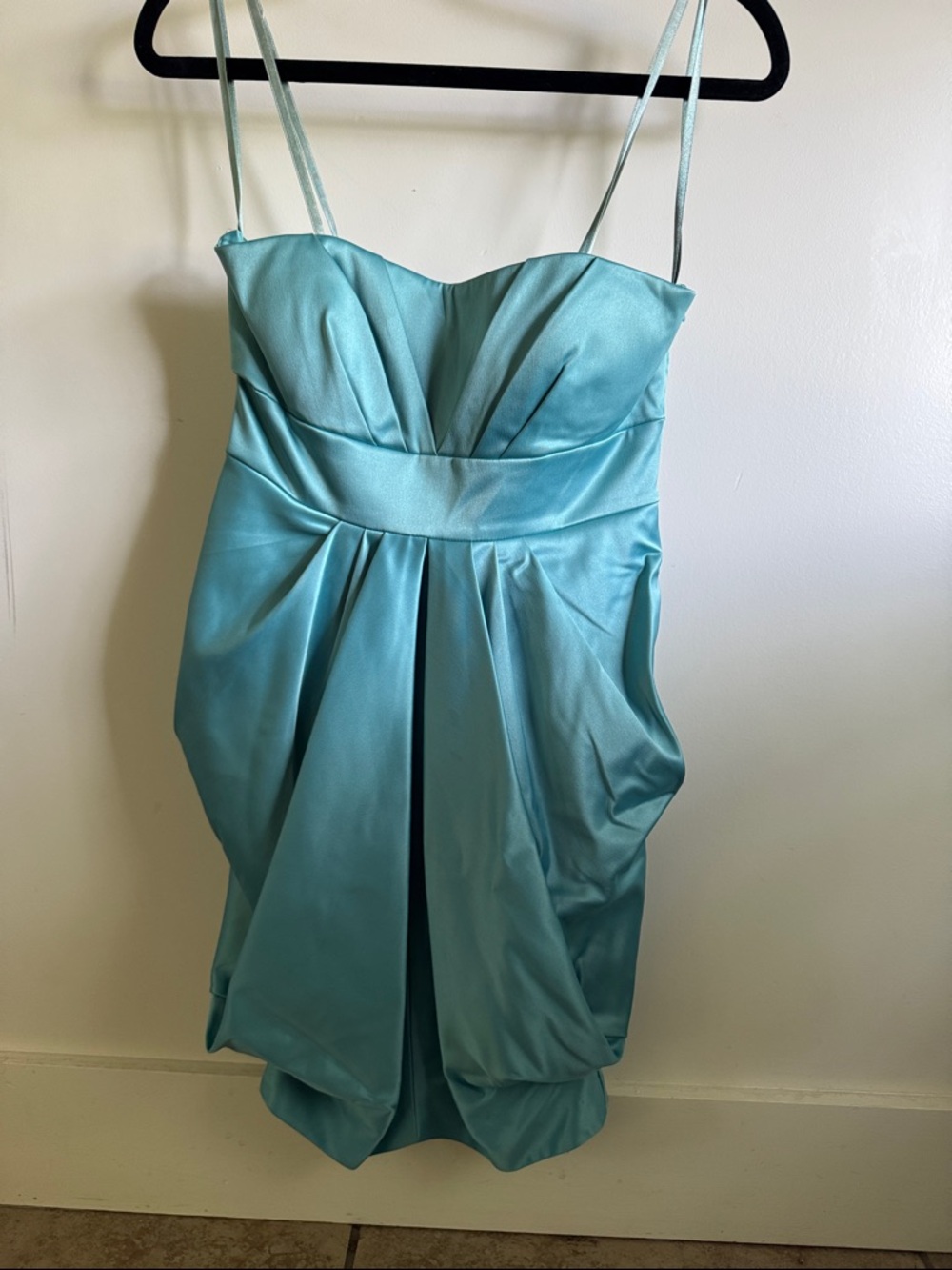 Max & Cleo Aqua Satin Mini Dress with Pleated Skirt